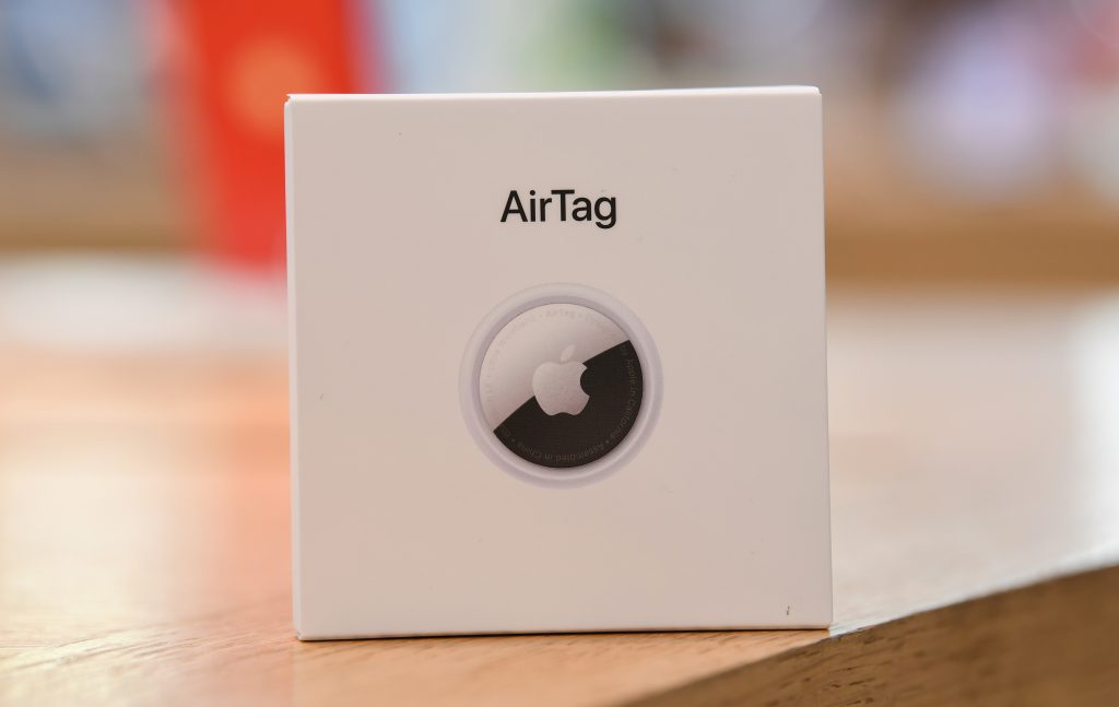 A boxed AirTag on display at the Apple Store George Street on April 30, 2021 in Sydney, Australia. Apple's latest accessory, the AirTag is a small device that helps people keep track of belongings, using Apple's Find My network to locate lost items like keys, wallet, or a bag