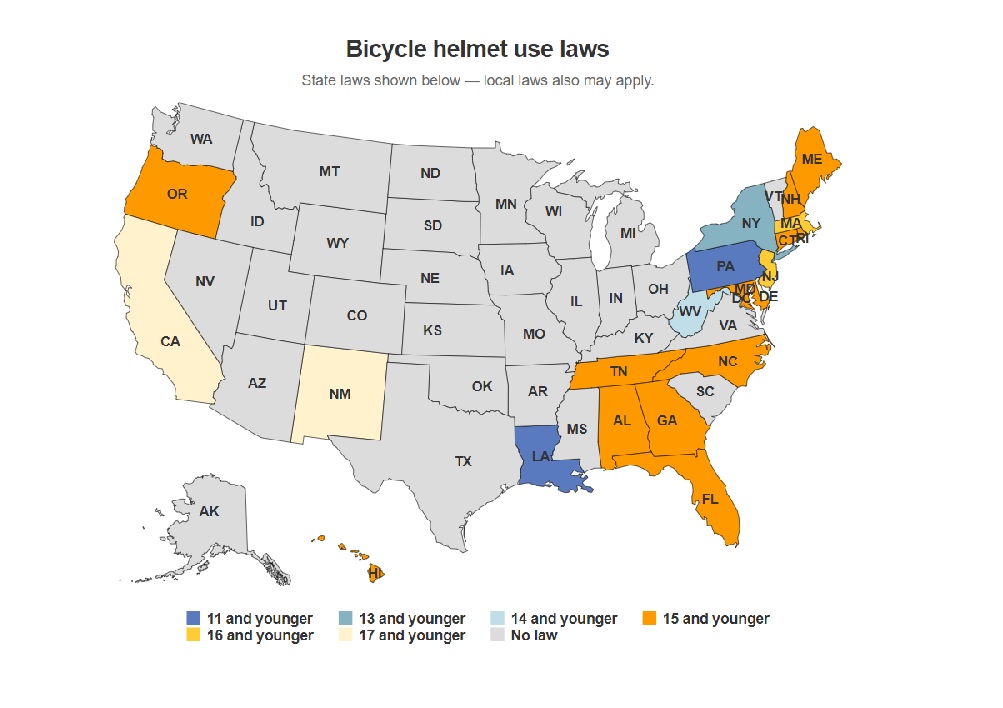 A map showing which states have bicycle helmet laws.