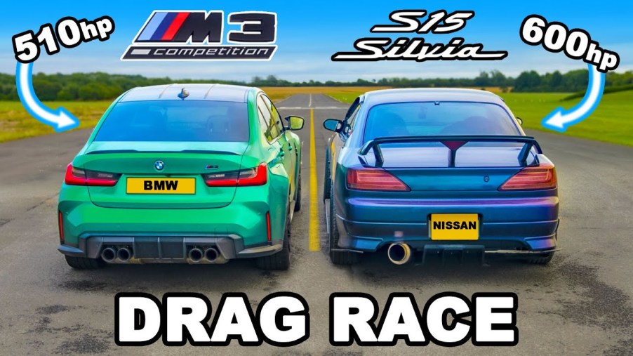 green BMW M3 (left) lined up with a Nissan Silvia S15 (right) getting ready for a drag race