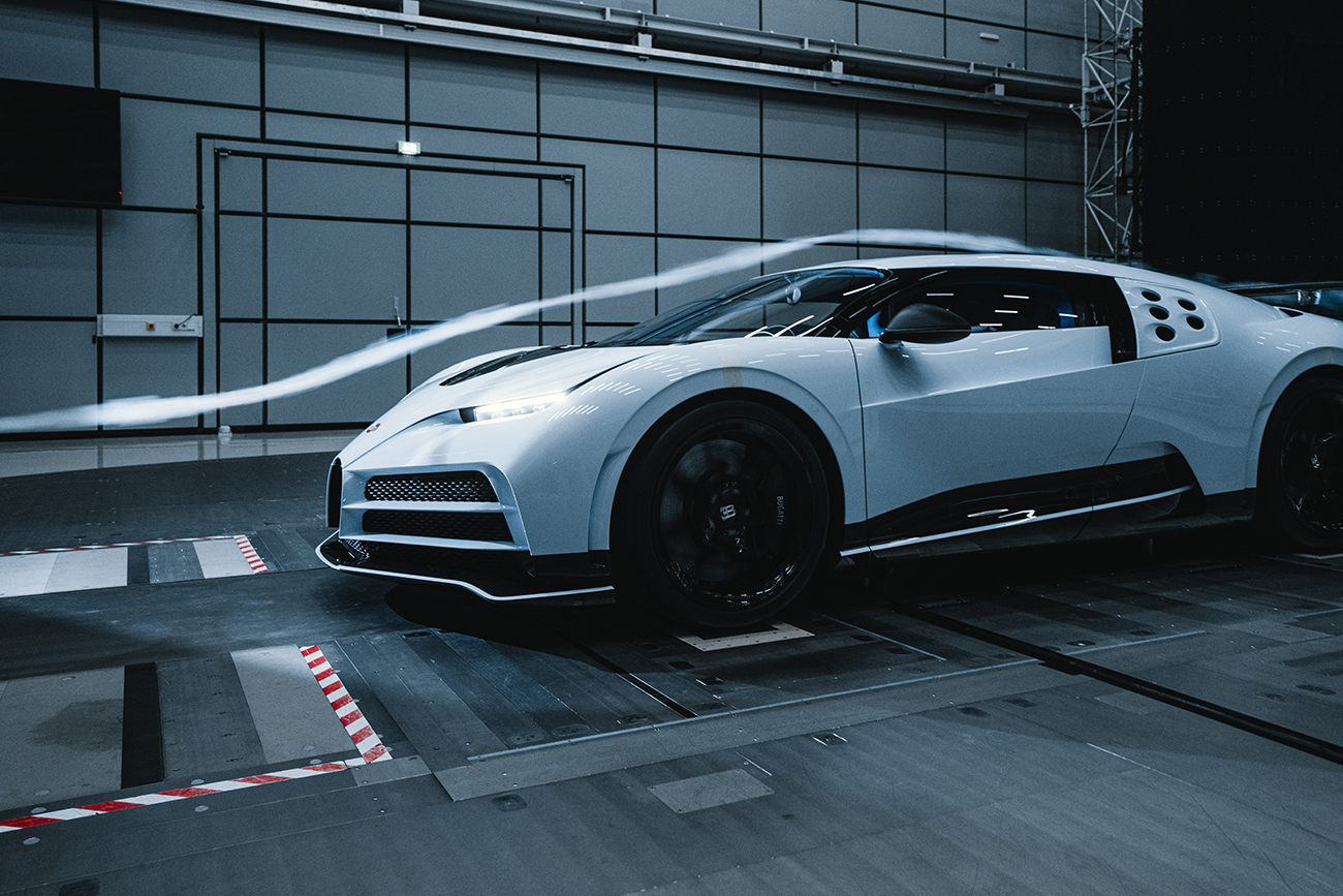 A close up of the Bugatti Centodieci undergoing a wind tunnel test in Bugatti's advanced aerodynamics facility.