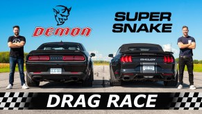 Dodge Demon (left) versus a Shelby Super Snake convertible (right) in a drag race