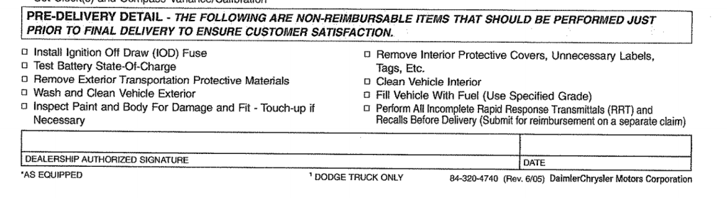 Chrysler, Jeep, Dodge Vehicle Preparation checklist