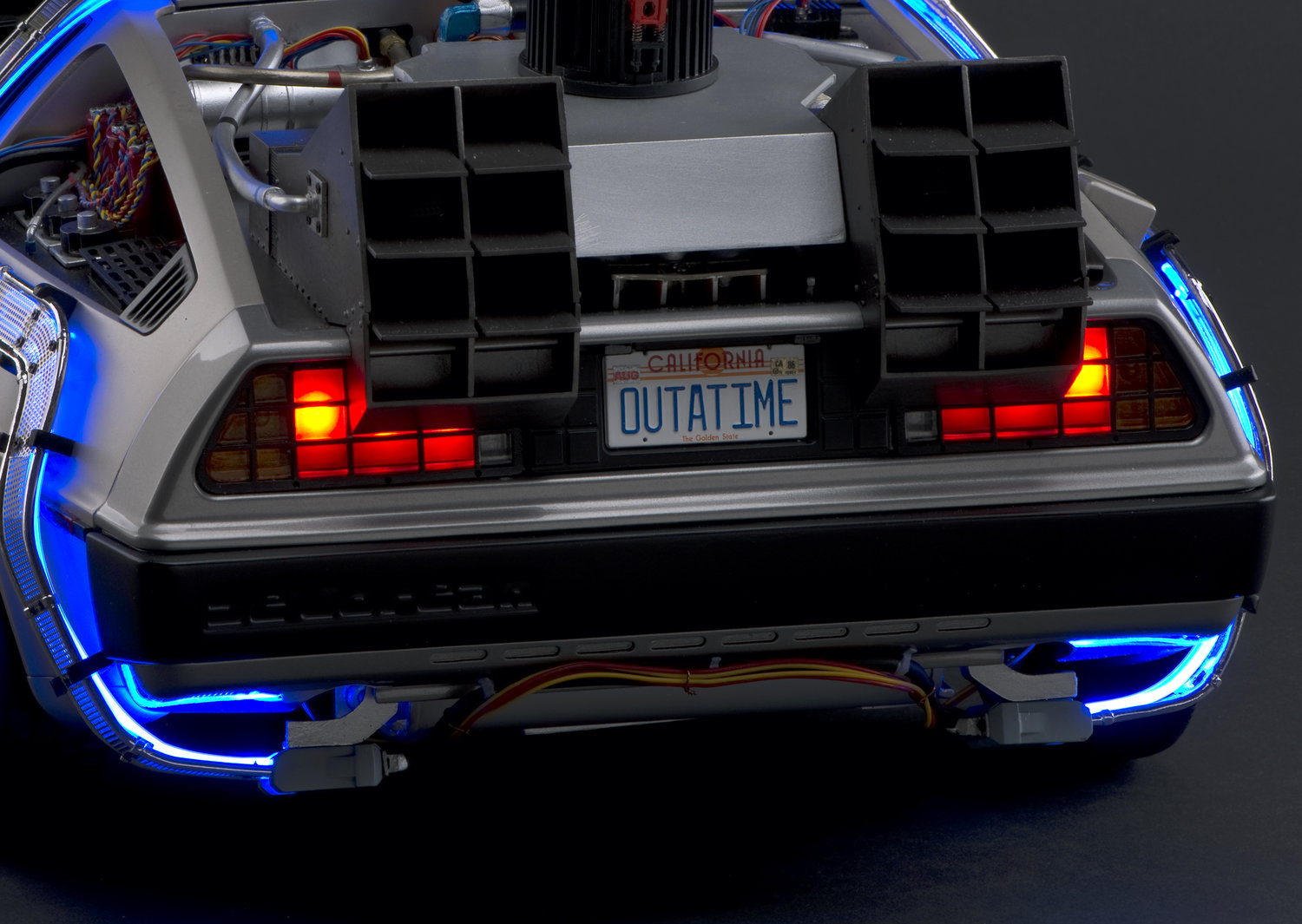 The back of a DeLorean DMC-12 from Back to the Future.