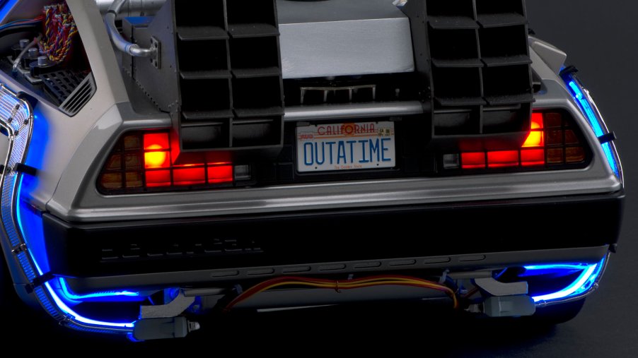 The back of a DeLorean DMC-12 from Back to the Future.