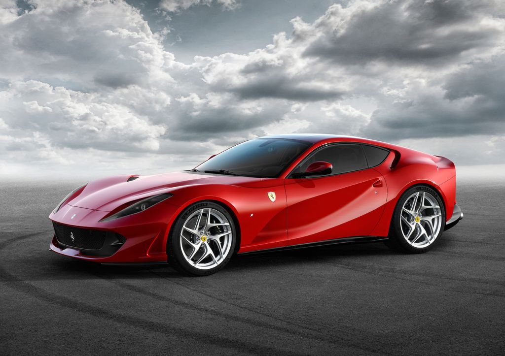 A red Ferrari 812 Superfast shot from the front 3/4 angle