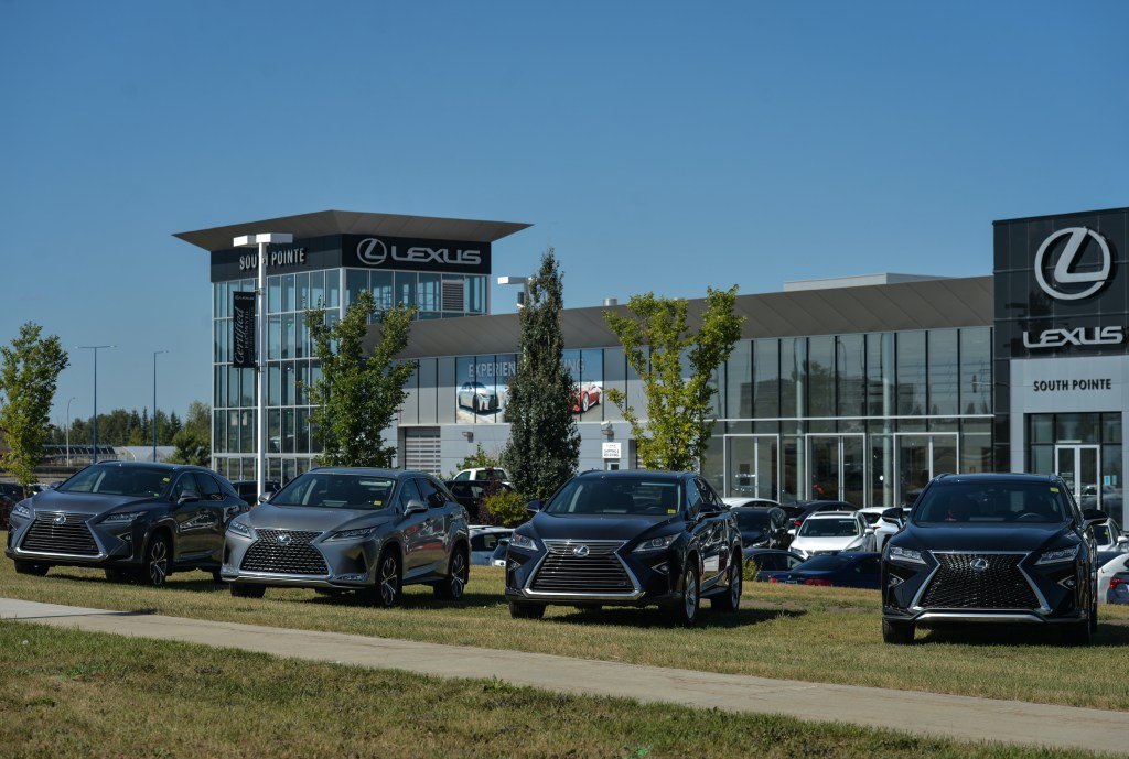 New Lexus vehicles parked outside a Lexus dealership in South Edmonton.