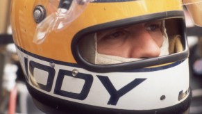 South African racer Jody Scheckter wears a motorcycle helmet after he won the Monaco Grand Prix in May 1977