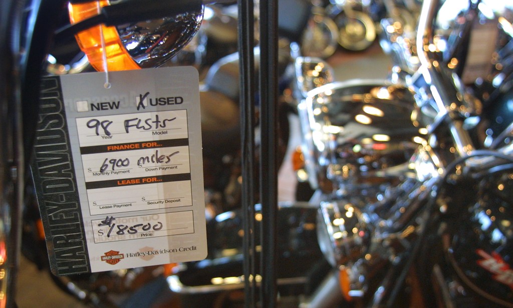 A used Harley-Davidson motorcycle for sale with an $18,500 price tag is displayed on June 26, 2001