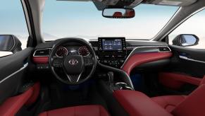 The red interior of the 2021 Toyota Camry XSE