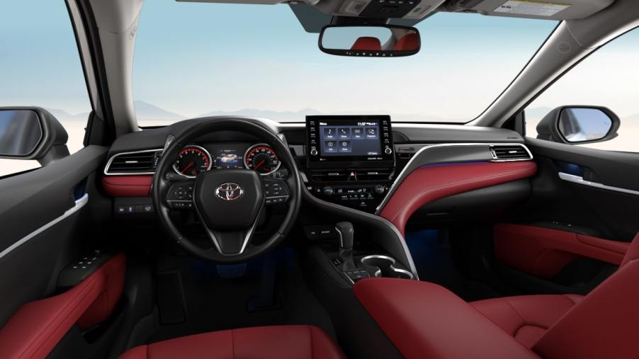 The red interior of the 2021 Toyota Camry XSE
