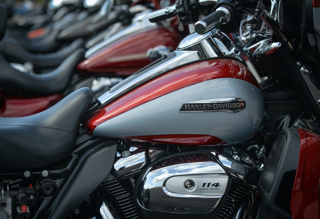 Harley-Davidson motorcycles outside a Harley-Davidson dealership in South Edmonton.