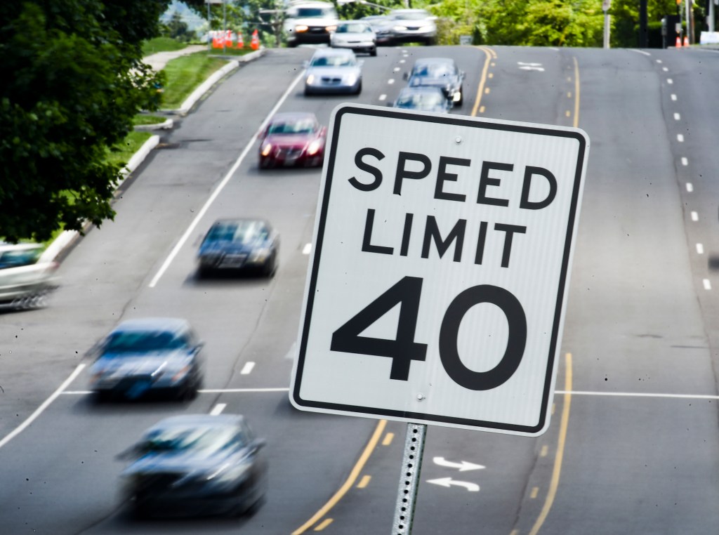 A speed limit 40 sign on the side of the road as traffic goes by in Exeter Township, Pennsylvania, in June 2021