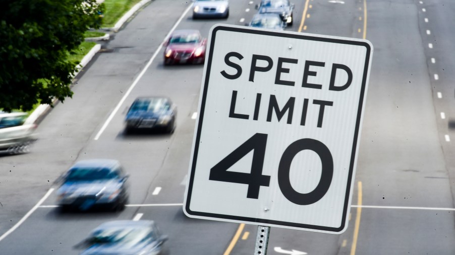 A speed limit 40 sign on the side of the road as traffic goes by in Exeter Township, Pennsylvania, in June 2021