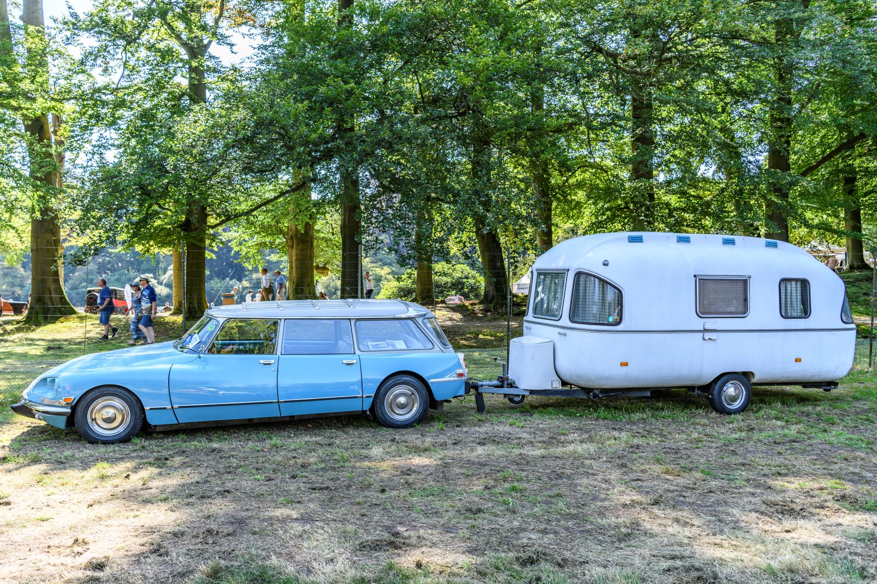 A station wagon towing an RV camper in a forest campground