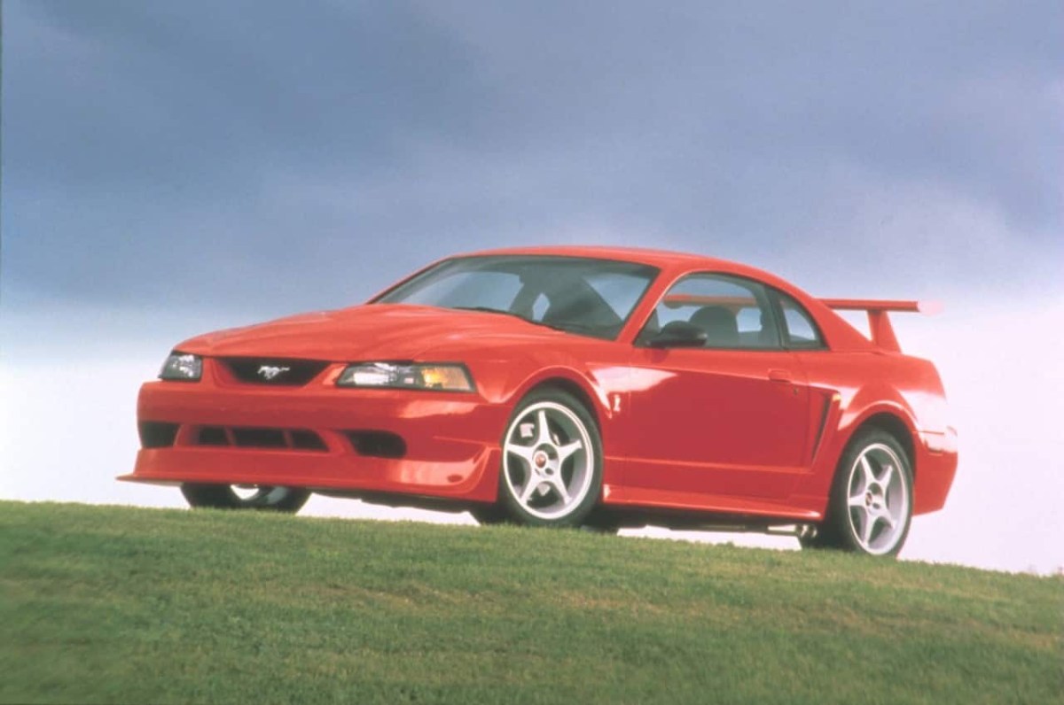 Ford Mustang SVT Cobra perched atop a hill