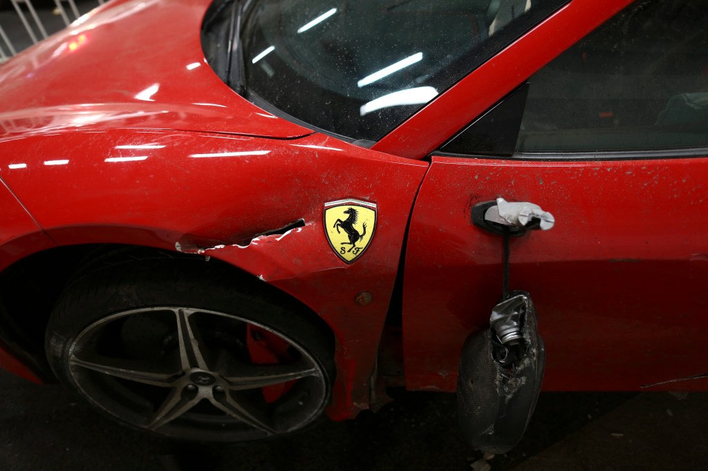 View of a damaged Ferrari after collision