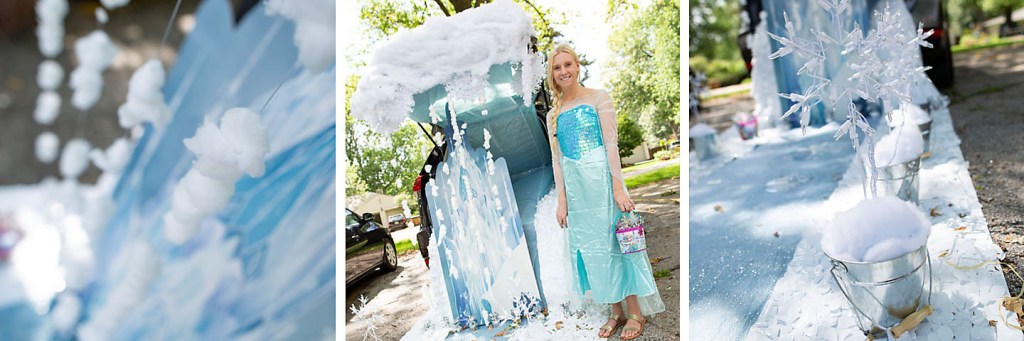 Three scenes depicting Halloween car decorations, including fake snow and Elsa.