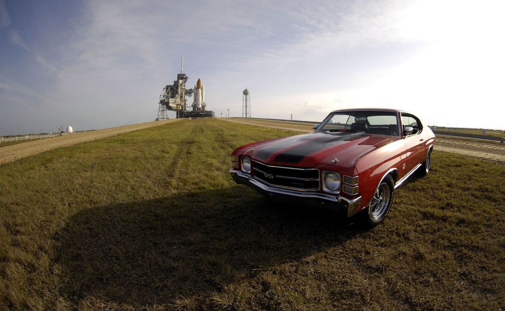 A red-and-black 1971 Chevy Chevelle SS 454 parked at Cape Canaveral