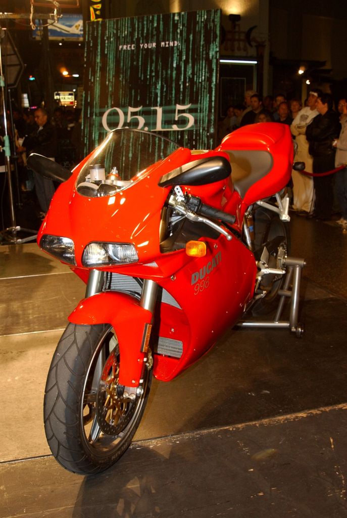 A red 2003 Ducati 998 at The Matrix Reloaded premiere
