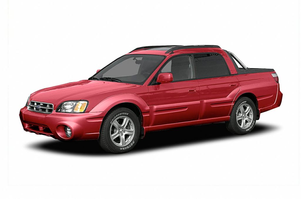 A red Subaru Baja with a white background