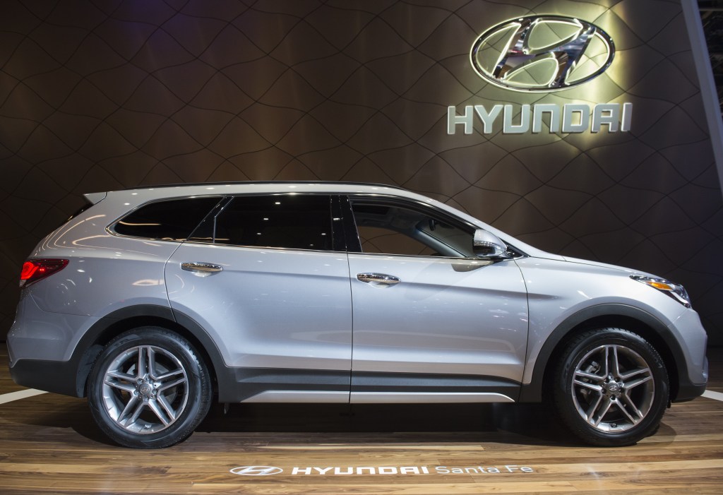 A silver 2017 Hyundai Santa Fe on display at the North American International Auto Show in Detroit, Michigan, in 2021 it's a great option for a used midsize SUV.