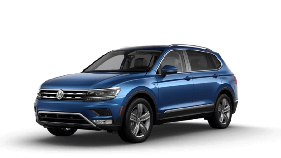 A blue 2021 Volkswagen Tiguan against a white background.