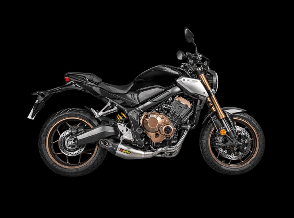 A black-and-silver 2020 Honda CBR650R fitted with an Akrapovic motorcycle exhaust