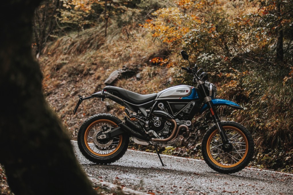 A blue-silver-and-black 2021 Ducati Scrambler Desert Sled motorcycle parked on a forest road. This is one of the best motorcycles for short riders. 