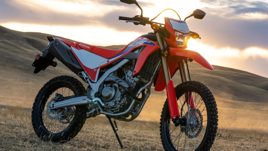 A red-and-white 2021 Honda CRF300L dual-sport motorcycle amongst desert plains