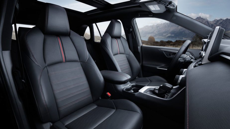 A black interior on a 2021 Toyota RAV4 Prime PHEV is a nice place to be. But it's smaller than the Sorento's interior. 