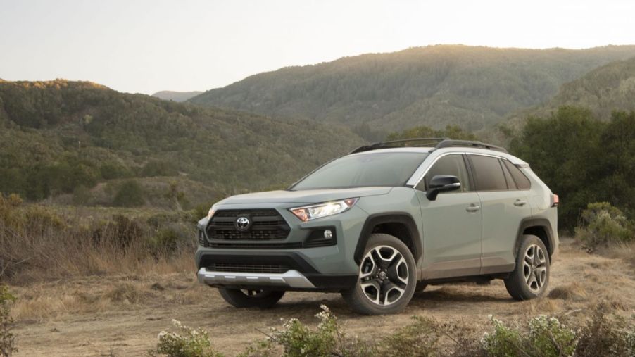 The 2021 Toyota RAV4 Adventure in the Lunar Rock paint color option with an Ice Edge roof