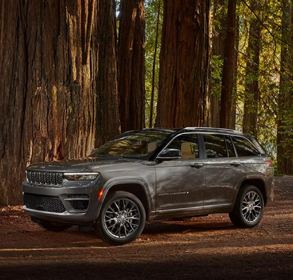 A gray 2022 Jeep Grand Cherokee parked in the woods. Avoid this SUV to save money on gas.