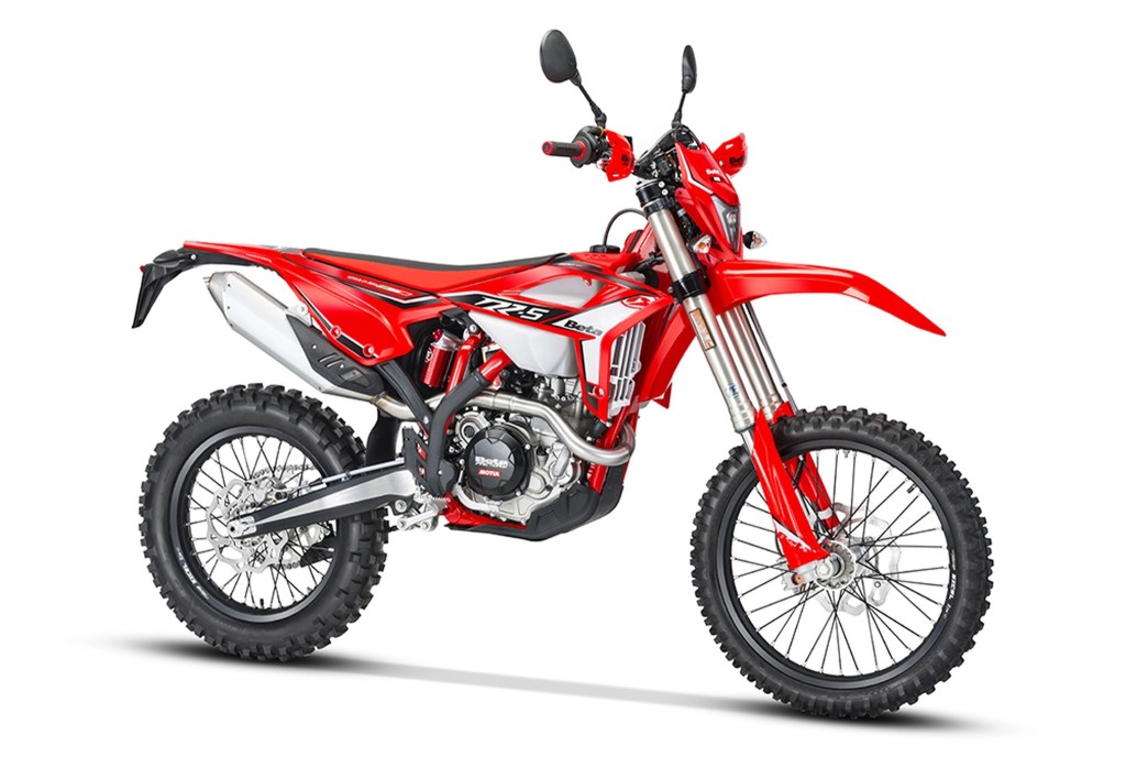 A red-and-white 2022 Beta 500 RR-S street-legal dirt bike