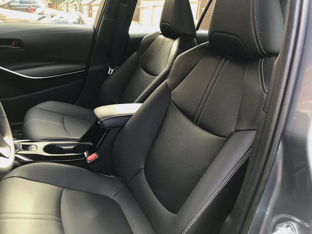 A shot of the Softex front seats in the 2022 Toyota Corolla Hybrid 