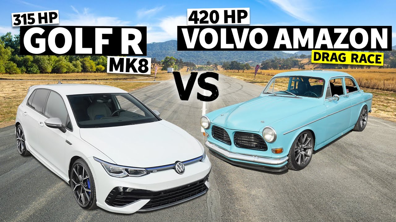 Hoonigan drag race feature image with the 2022 Volkswagen Golf R versus a 1962 Volvo Amazon with an LS V8 swap