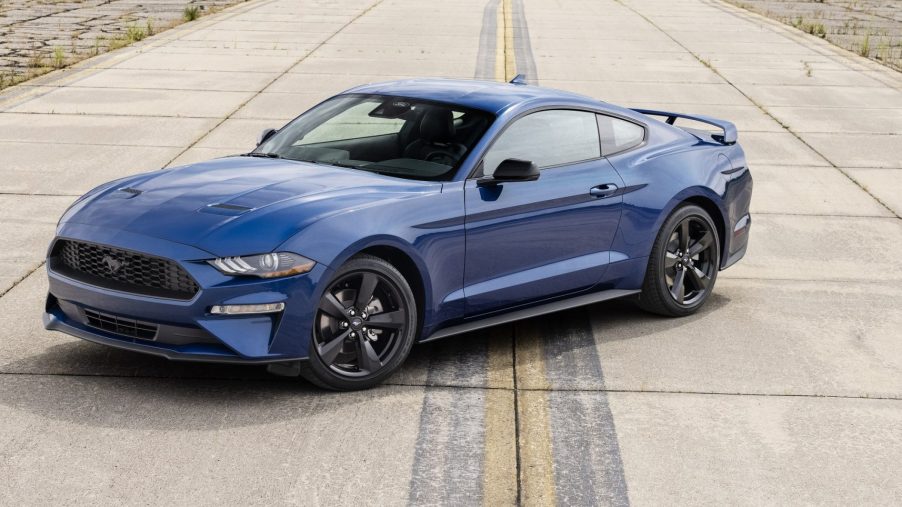 A blue 2022 Ford Mustang Stealth Edition