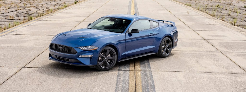 A blue 2022 Ford Mustang Stealth Edition