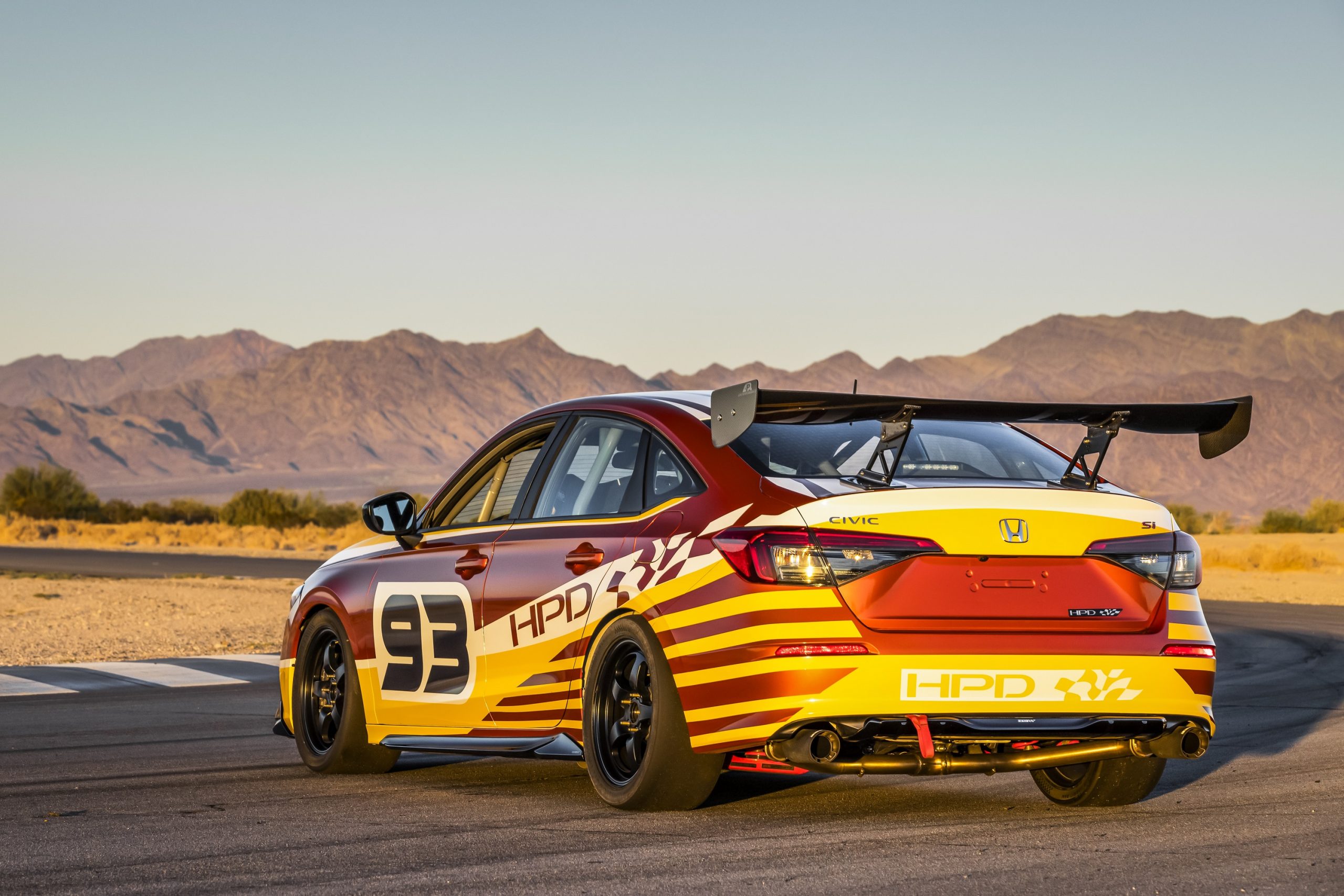The rear 3/4 of the 2022 Honda Civic Si built for the 25 Hours of Thunderhill