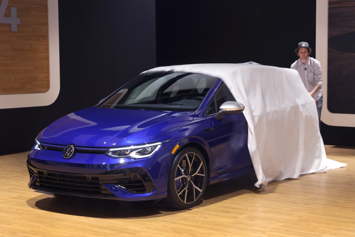 2022 Volkswagen Golf GTI compact sedan on display in Chicago