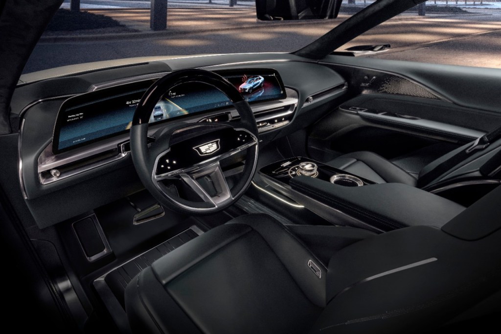 The black interior of a 2023 Cadillac LYRIQ electric SUV