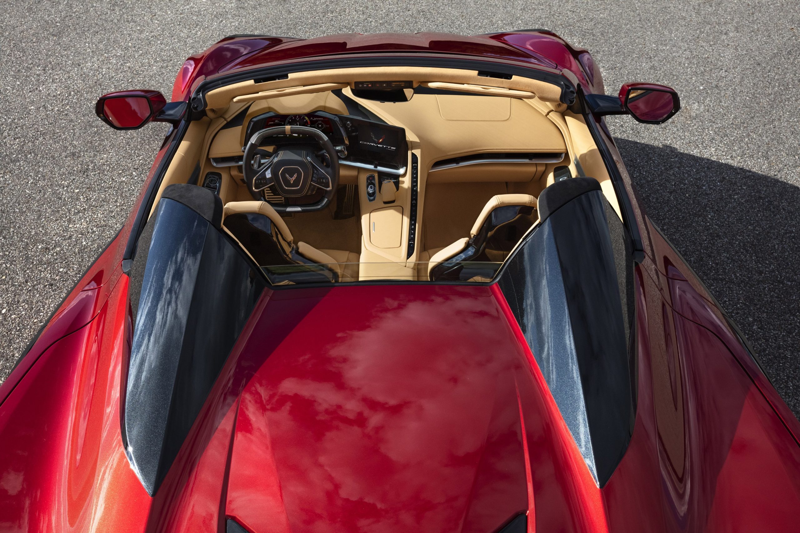 A top down view of the 2023 Chevrolet Corvette Z06 convertible in red