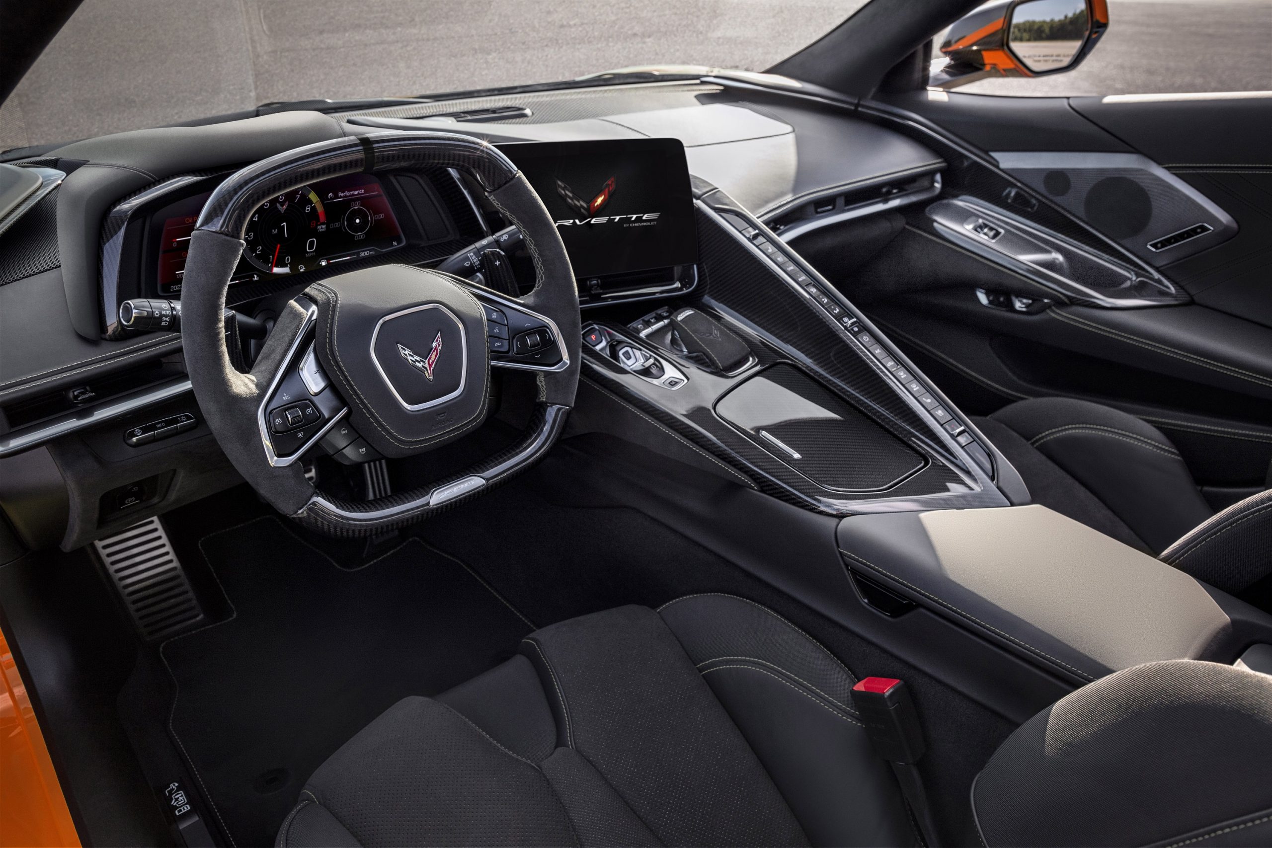 The interior of the new Corvette Z06 in black