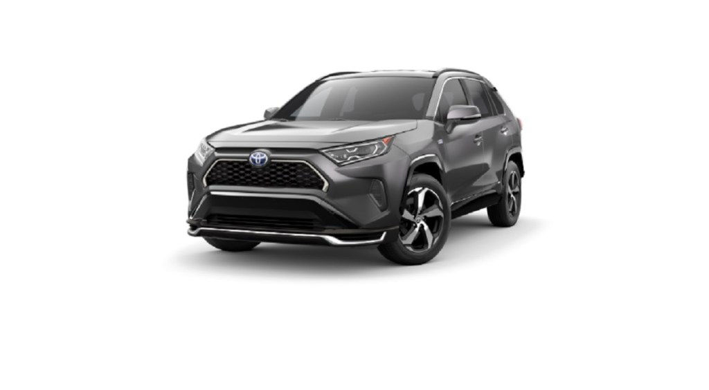 A dark gray 2021 Toyota RAV4 Prime against a white background. The RAV4 Prime is one of the fastest-selling cars.