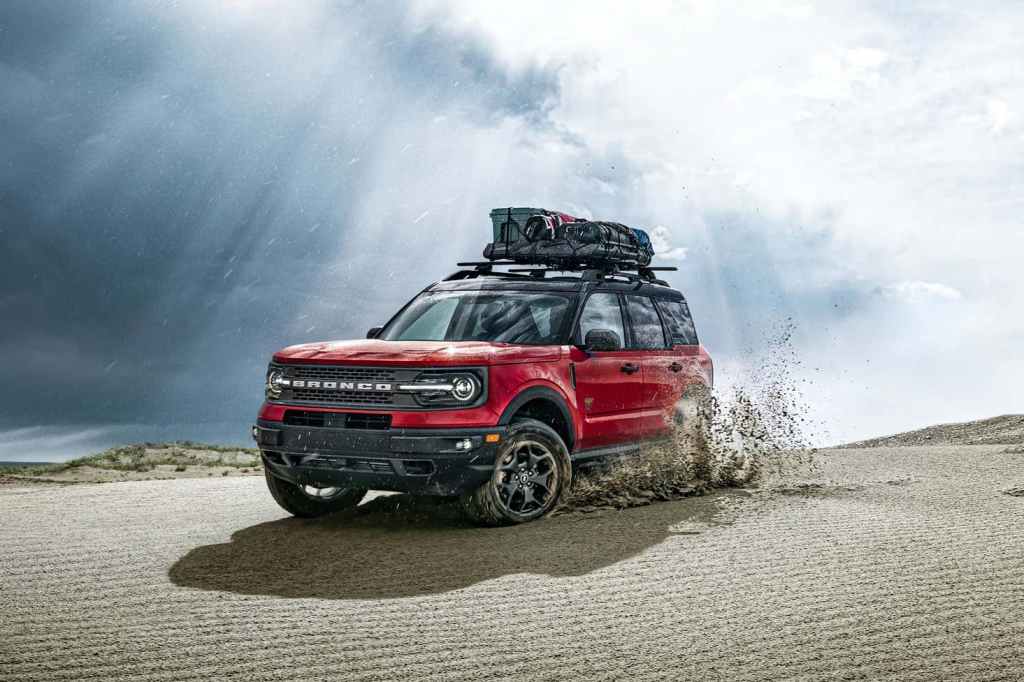 The 2021 Ford Bronco Sport Badlands kicking up sand. How much can a Ford Bronco tow?