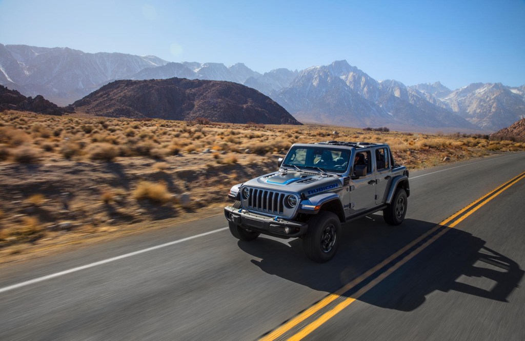 The 2021 Jeep Wrangler 4xe on a desert road 