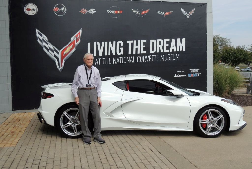 95-year-old WWII Army veteran Bobbie Carson with white 2022 Chevy Corvette Stingray at National Corvette Museum