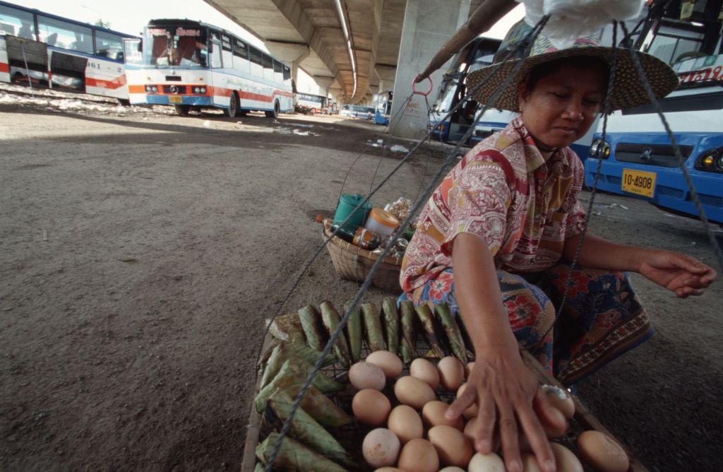 A women selling fruit below and expressway in Thailand