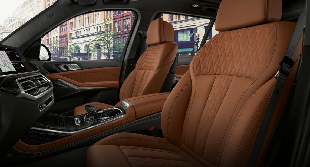 The interior of a 2022 BMW X7 large luxury SUV. 