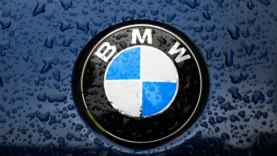 A BMW logo on a blue car with water drops on it.