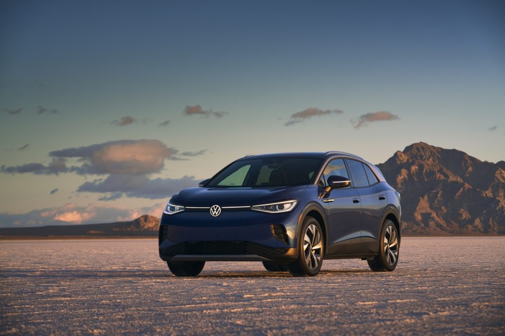 Blue 2022 Volkswagen ID.4 with mountains in the background